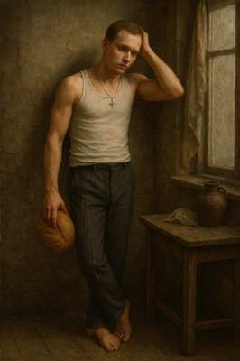 a painting of a man leaning against a wall