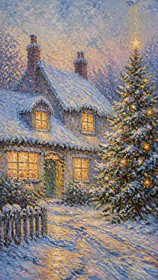 a snow-covered cottage with warm glowing windows beside a decorated pine tree, gentle snowfall, no text