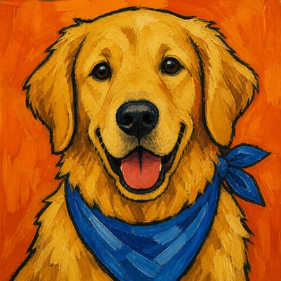 portrait of a golden retriever wearing a blue bandana, warm plain backdrop, no text