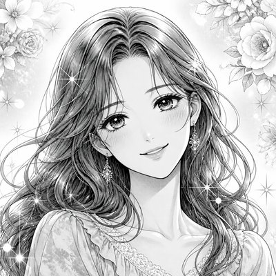 head-and-shoulders portrait of an original character: a young woman with wavy chestnut hair and a warm smile, plain soft backdrop