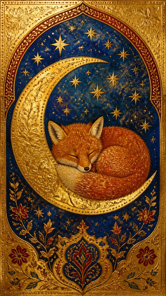 a sleeping baby fox curled on a crescent moon among soft stars, gentle and warm, no text