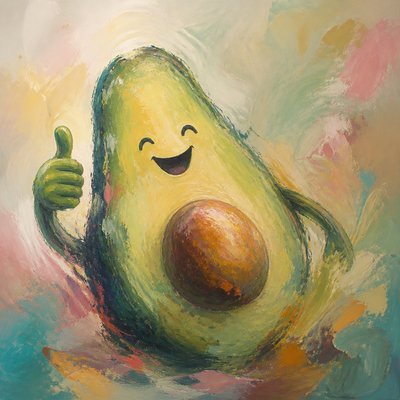 a happy avocado character giving a thumbs up, bold readable design on a plain background, no text