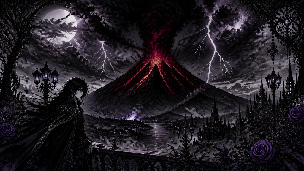 an erupting volcano with lightning strikes, dramatic wide composition, no text