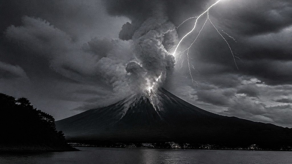 an erupting volcano with lightning strikes, dramatic wide composition, no text