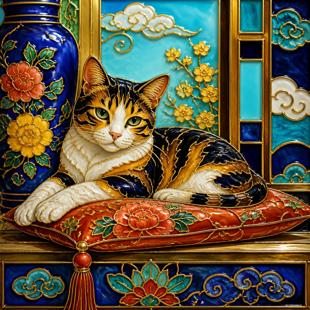 a cat lounging in a sunlit window — Enamel Cloisonné Jewelry Design
