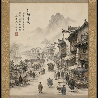 urban street with city activity — Scroll Painting Style