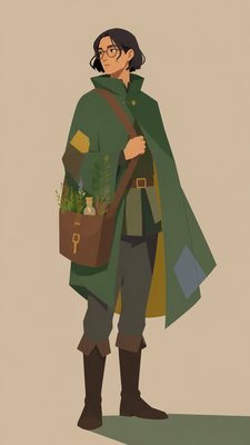 full-body original character: a wandering botanist with a satchel of plants, a patched green cloak, tall boots and round glasses, neutral background