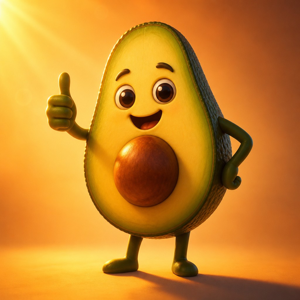 a happy avocado character giving a thumbs up, bold readable design on a plain background, no text