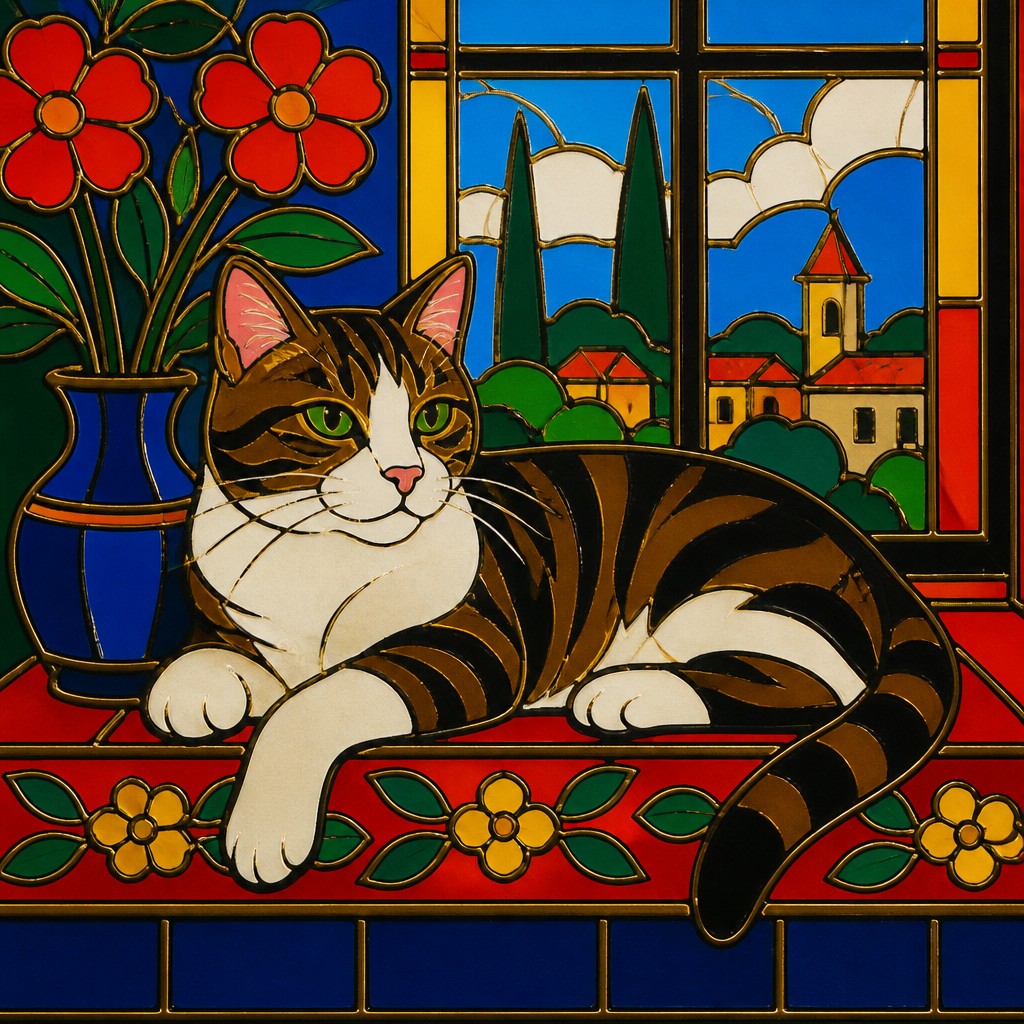 a cat lounging in a sunlit window — Cloisonnism Art Style