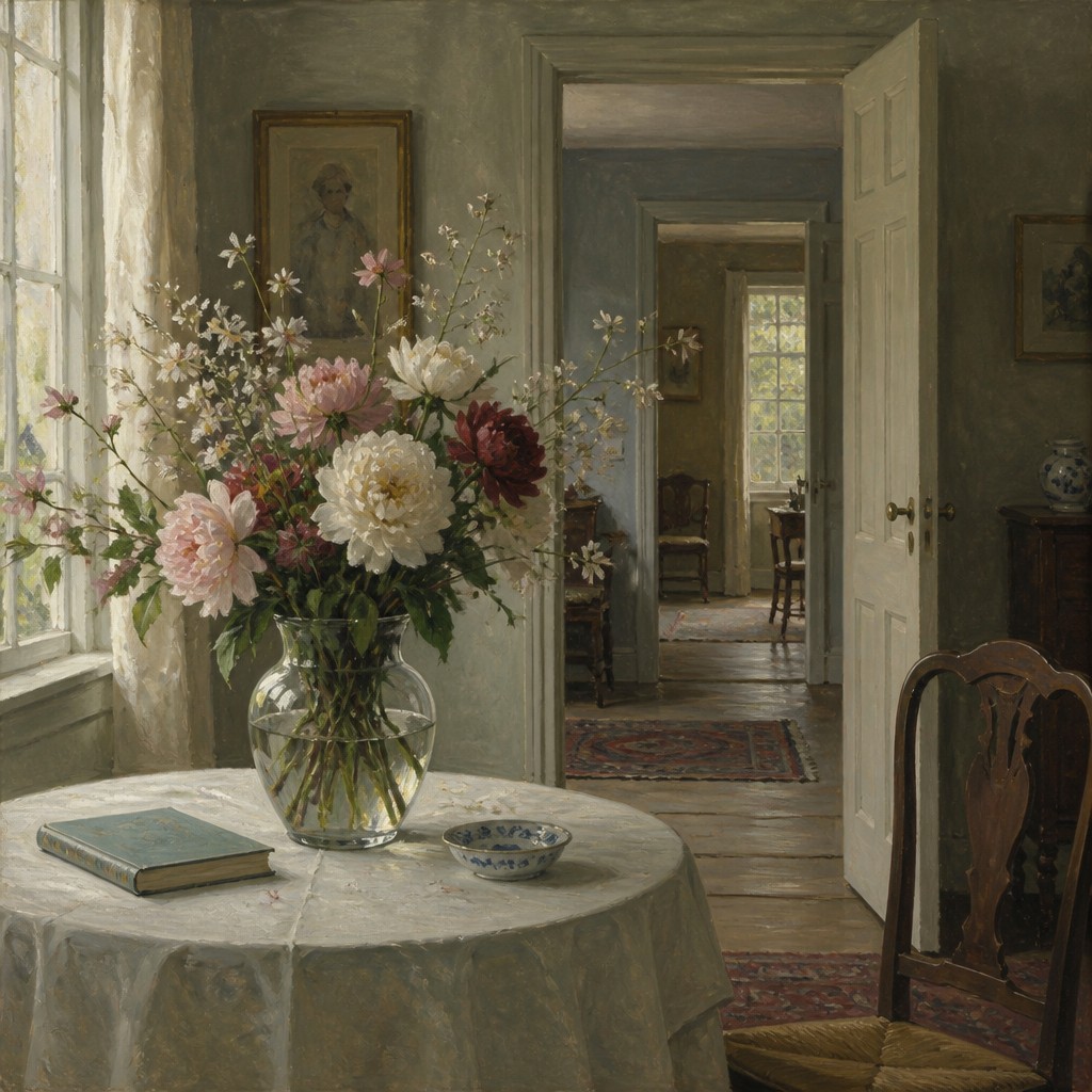 bouquet of flowers in a glass vase — Interior Scene Painting Style