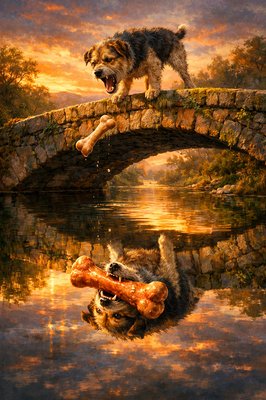 Luminous Storybook Illustration Style, Rich Color Saturation, Magical Realism. A dramatic, painterly scene capturing the precise moment of tragic error on an old, mossy stone bridge spanning a calm river at sunset.

The Reality (The Dog on the Bridge): A scruffy, hungry-looking terrier stands frozen mid-snarl on the edge of the bridge, looking downward. Its mouth is wide open in an aggressive bark. Suspended in mid-air, just inches below its open jaws, a real, decent-sized meaty bone is falling toward the water. The dog’s expression is a mix of greed and sudden confusion.

The Illusion (The Reflection): The surface of the river below is glassy and still, acting like a perfect, deceptive mirror. The reflection shows the same dog, but the reflected bone in its mouth appears impossibly huge, glistening, and juicier than the real one. The reflection is almost hypnotically bright, brighter than the reality above the water. The warm golden light of the setting sun makes the water shimmer invitingly.