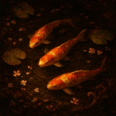 A koi pond seen from above, orange and white koi fish swimming among lily pads, clear water with subtle ripples, fallen cherry blossom petals floating on the surface, dappled sunlight