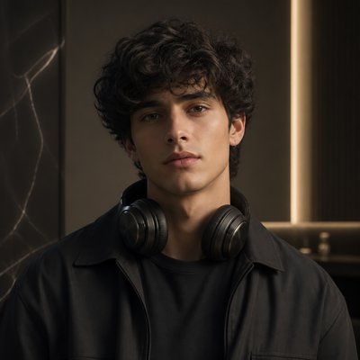 head-and-shoulders portrait of an original character: a young man with curly dark hair and headphones around his neck, plain backdrop, no text