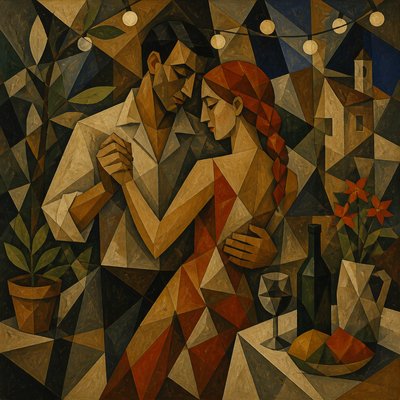 an original couple dancing under string lights in a garden at dusk: a man with short black hair in a linen shirt and a woman with braided red hair in a summer dress