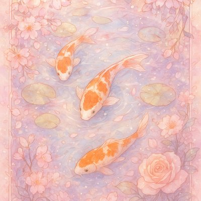 A koi pond seen from above, orange and white koi fish swimming among lily pads, clear water with subtle ripples, fallen cherry blossom petals floating on the surface, dappled sunlight