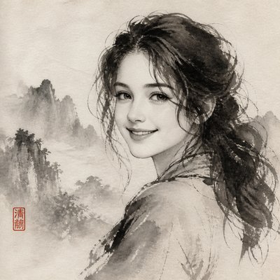 head-and-shoulders portrait of an original character: a young woman with wavy chestnut hair and a warm smile, plain soft backdrop