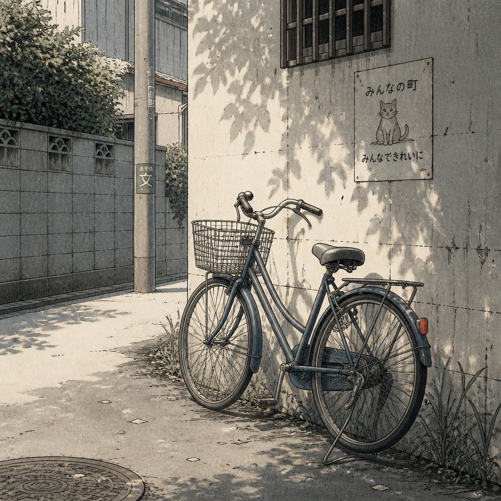 bicyle resting against a wall
