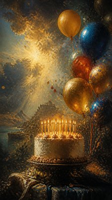 a birthday cake with lit candles surrounded by balloons and confetti, festive vertical composition, no text