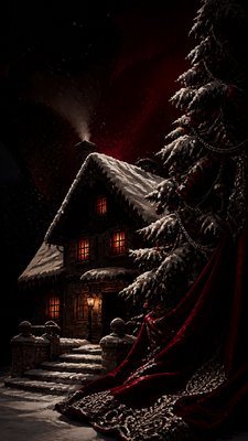 a snow-covered cottage with warm glowing windows beside a decorated pine tree, gentle snowfall, no text