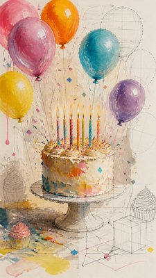 a birthday cake with lit candles surrounded by balloons and confetti, festive vertical composition, no text