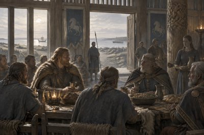 Beowulf and his men dine with the Geats in their Mead Hall
