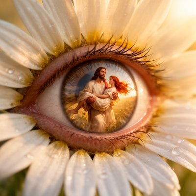 A close up of an eye. Around the eye are daisy petals - as if the eye is the center of the daisy. In the pupil a picture of Jesus swinging a girl with long red hair  , close-up view, macro perspective, joyful mood, golden hour color palette, god rays lighting, framing composition, masterpiece, best quality, ultra detailed, sharp focus, highly detailed