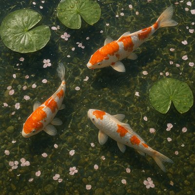 A koi pond seen from above, orange and white koi fish swimming among lily pads, clear water with subtle ripples, fallen cherry blossom petals floating on the surface, dappled sunlight