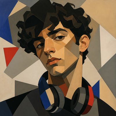 head-and-shoulders portrait of an original character: a young man with curly dark hair and headphones around his neck, plain backdrop, no text