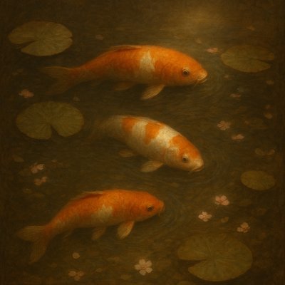 A koi pond seen from above, orange and white koi fish swimming among lily pads, clear water with subtle ripples, fallen cherry blossom petals floating on the surface, dappled sunlight