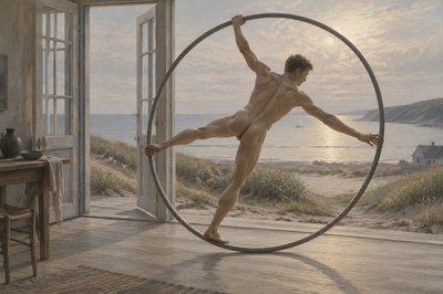danish seacoast scene ignudi athlete doing a cyr wheel exercise