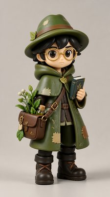 full-body original character: a wandering botanist with a satchel of plants, a patched green cloak, tall boots and round glasses, neutral background