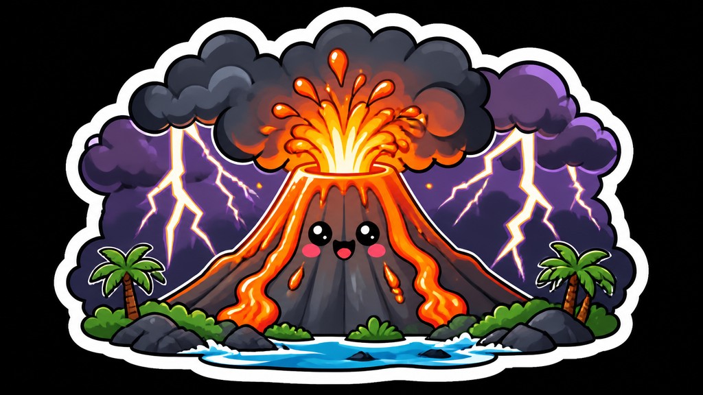 an erupting volcano with lightning strikes, dramatic wide composition, no text