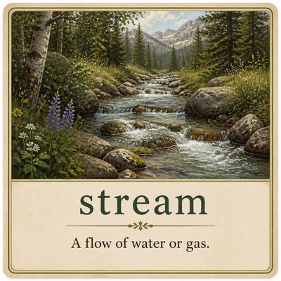 Please create a flashcard for the spelling word: "stream" and it's definition: "A flow of water or gas."
