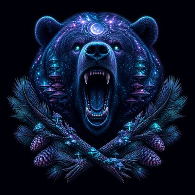 a roaring bear head above crossed pine branches, bold graphic composition on a plain background, no text