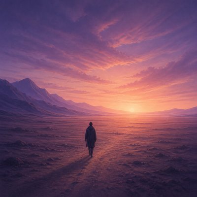a solitary figure walking toward a glowing horizon across an empty plain, moody atmosphere, no text or lettering