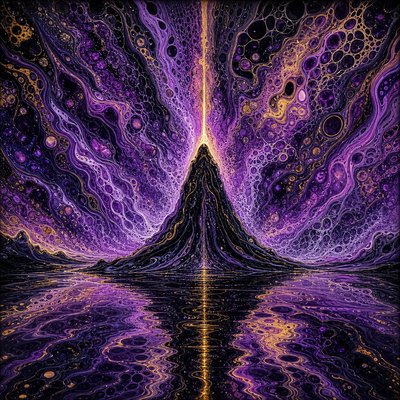 a painting of a pyramid in the middle of a body of water