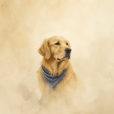 portrait of a golden retriever wearing a blue bandana, warm plain backdrop, no text