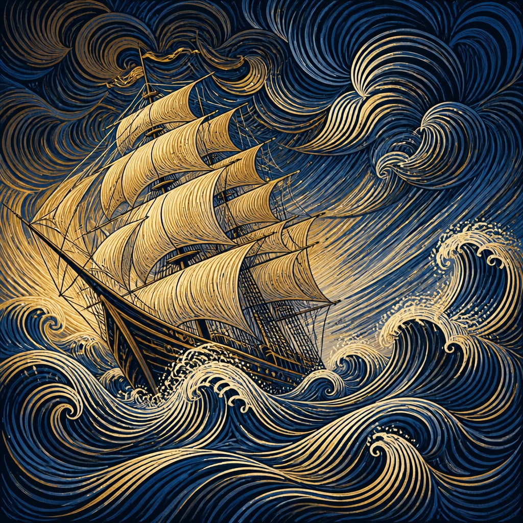 sailing ship on a stormy sea — Visual Rhythm Art Style