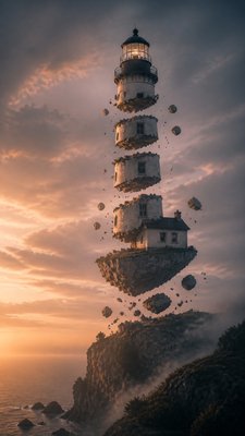 a lone lighthouse on a cliff at dusk under a dramatic sky, no text or lettering