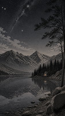 a tranquil mountain lake beneath a starry night sky, no people, no text
