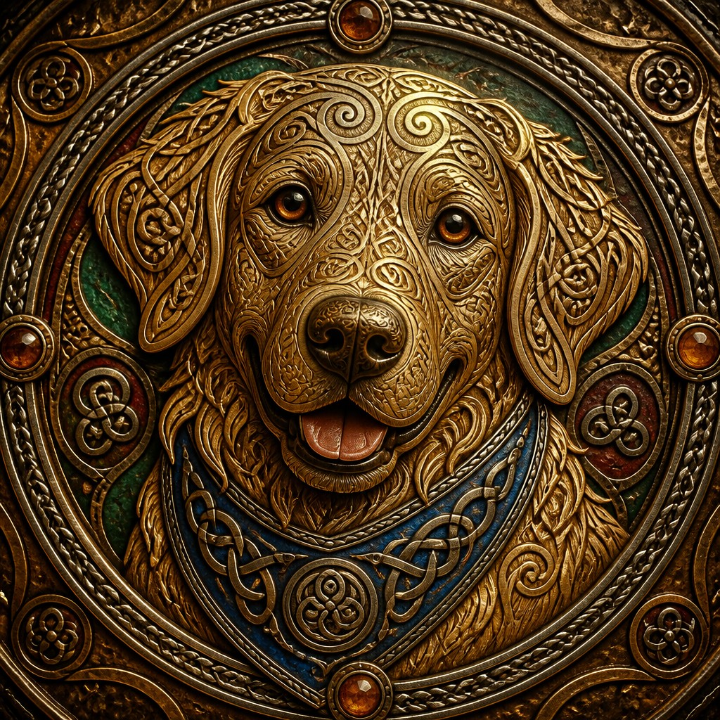 portrait of a golden retriever wearing a blue bandana, warm plain backdrop, no text