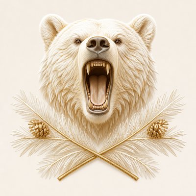 a roaring bear head above crossed pine branches, bold graphic composition on a plain background, no text