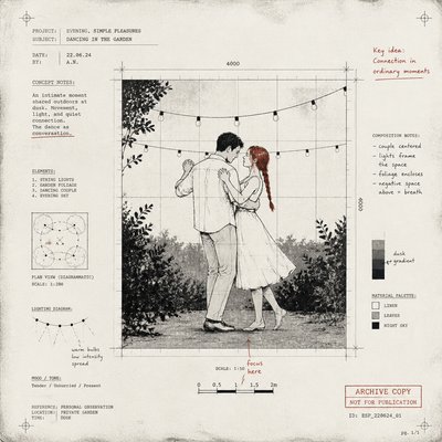 an original couple dancing under string lights in a garden at dusk: a man with short black hair in a linen shirt and a woman with braided red hair in a summer dress