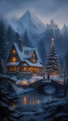 a snow-covered cottage with warm glowing windows beside a decorated pine tree, gentle snowfall, no text