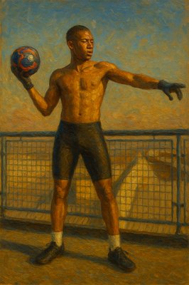 a painting of a man holding a soccer ball