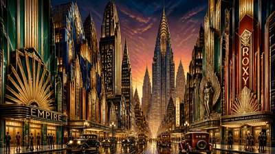 bustling city street panorama at dusk