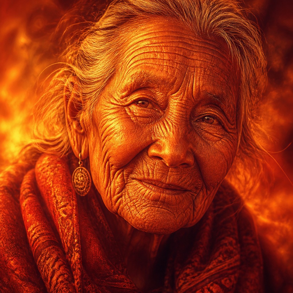 close-up portrait of an elderly person with expressive weathered features — Warm Palette Art Style