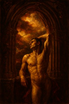 a painting of a man with no shirt on