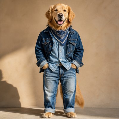 portrait of a golden retriever wearing a blue bandana, warm plain backdrop, no text