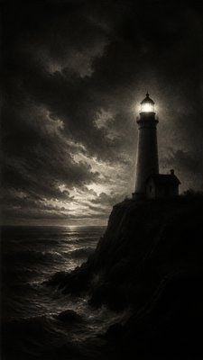 a lone lighthouse on a cliff at dusk under a dramatic sky, no text or lettering
